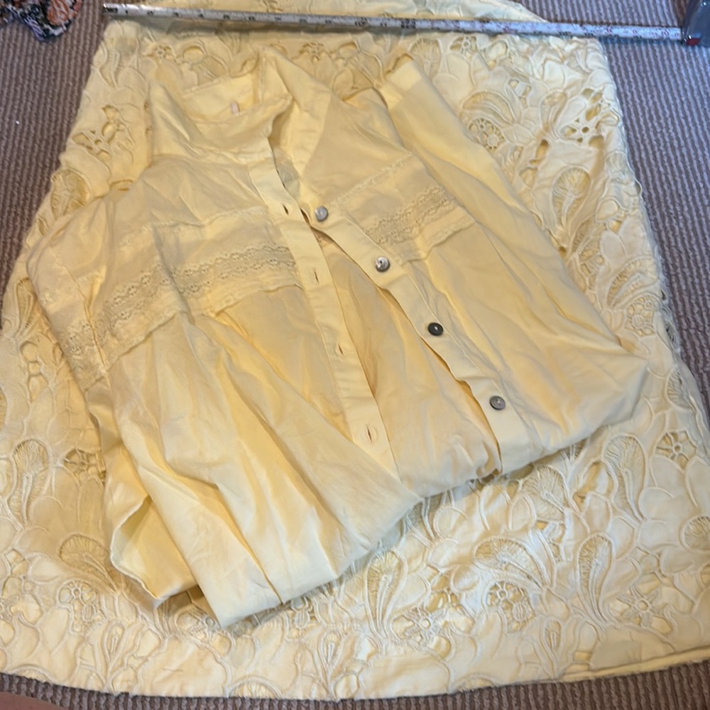 NWOT FREE PEOPLE co-ord Yellow Lace eyelet Dress Button-Up Shirt set size large - Picture 7 of 16